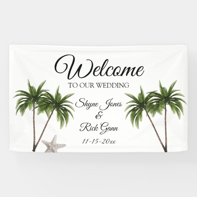 Tropical Beach Palm Trees Moderne Hochzeit von Sta Banner (Horizontal)