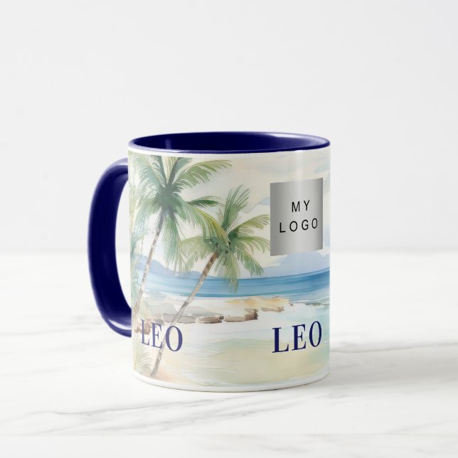 Tropical beach palm trees name business logo tasse (Vorderseite Links)