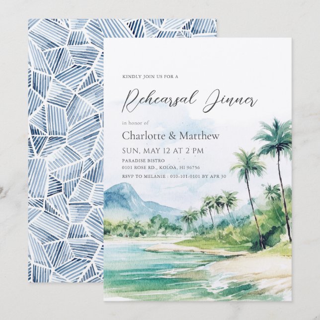 Tropical Beach Palm Trees Probe Abendessen Einladung (Vorne/Hinten)