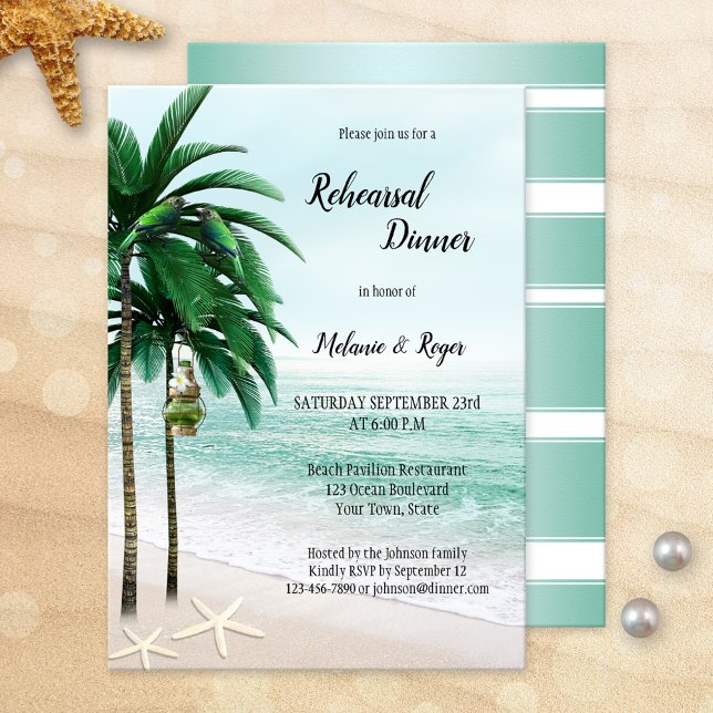 Tropical Beach Palm Trees Probe Abendessen Einladung (Beach or destination wedding tropical rehearsal dinner invitation featuring palm trees and starfish)