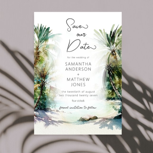 Tropical Beach Palm Trees Save the Date Einladung (Von Creator hochgeladen)