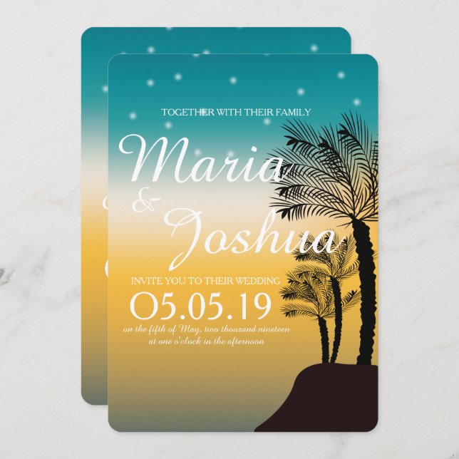 Tropical Beach Palm Trees Starry Lights Hochzeit Einladung (Vorne/Hinten)