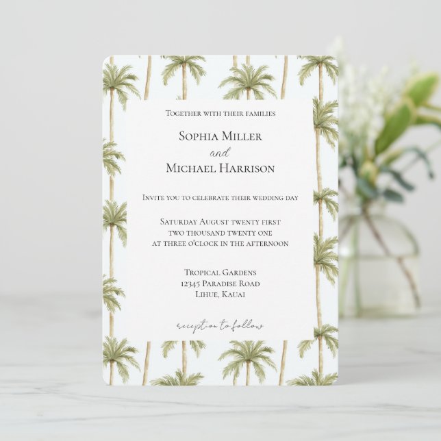 Tropical Beach Palm Trees Wedding Einladung (Stehend Vorderseite)