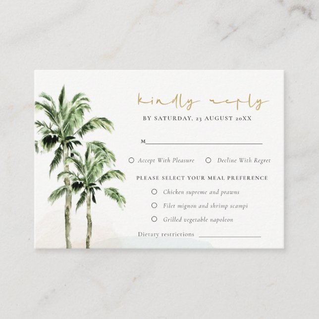 Tropical Beach Palm Trees Wedding Rsvp Meal Diät Begleitkarte (Vorderseite)