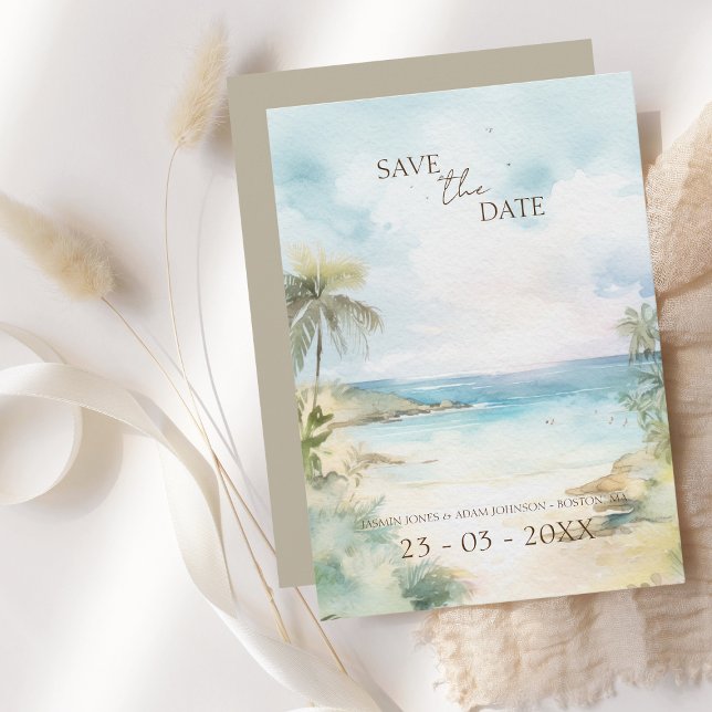 Tropical Beach Palm Trees Wedding Save The Date (Von Creator hochgeladen)