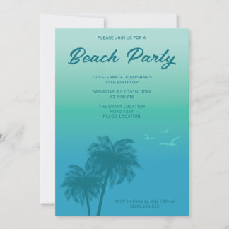 Tropical Beach Party Aqua Blue Palm Trees Geburtst Einladung