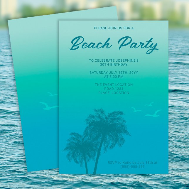 Tropical Beach Party Aqua Blue Palm Trees Geburtst Einladung (Von Creator hochgeladen)