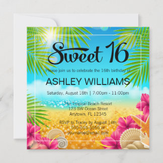 Tropical Beach Pink Hibiskus Sweet 16 Geburtstag Einladung