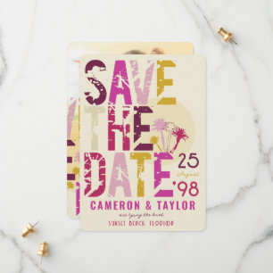 Tropical Beach Pink Palm Trees Grunge Text Foto Save The Date