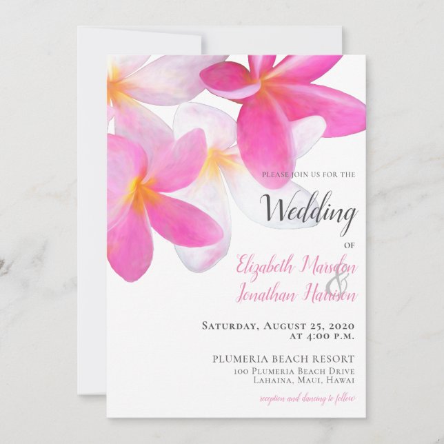 Tropical Beach Pink Plumeria Floral Hawaii Wedding Einladung (Vorderseite)
