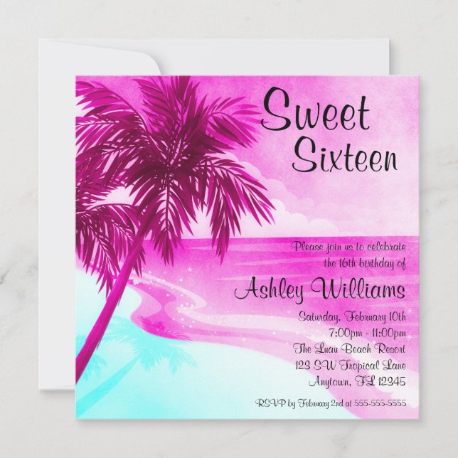 Tropical Beach Pink Sweet 16 Einladungen zum Gebur (Vorderseite)