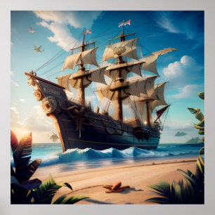 Tropical Beach Pirate Ship Poster