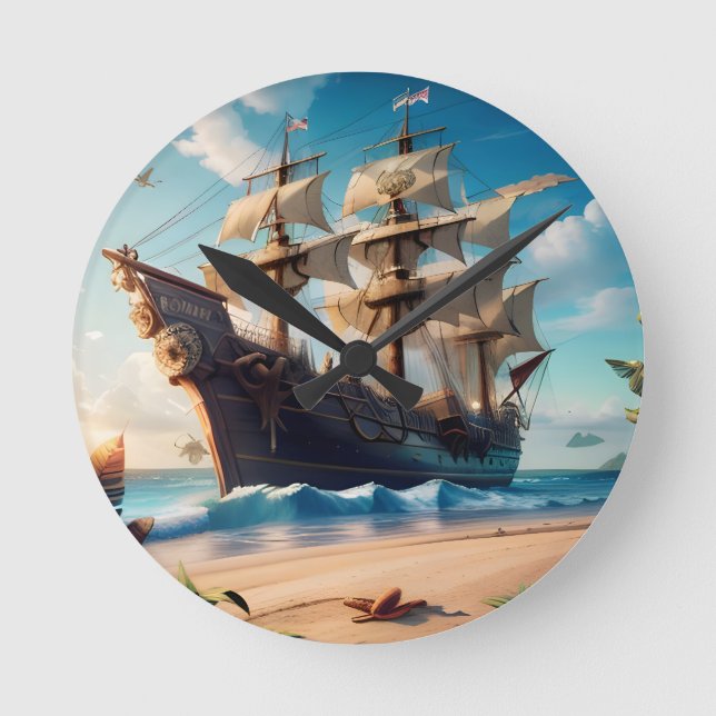 Tropical Beach Pirate Ship Runde Wanduhr (Vorderseite)