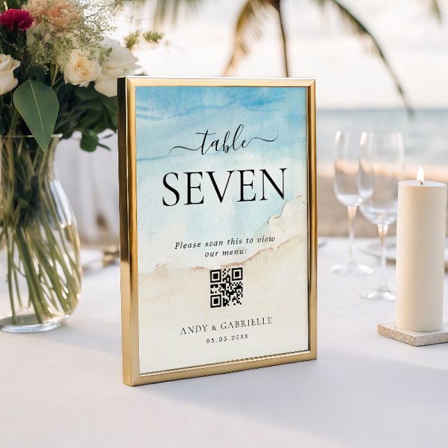 Tropical Beach QR Code Wedding Menu Tischnummer (Von Creator hochgeladen)