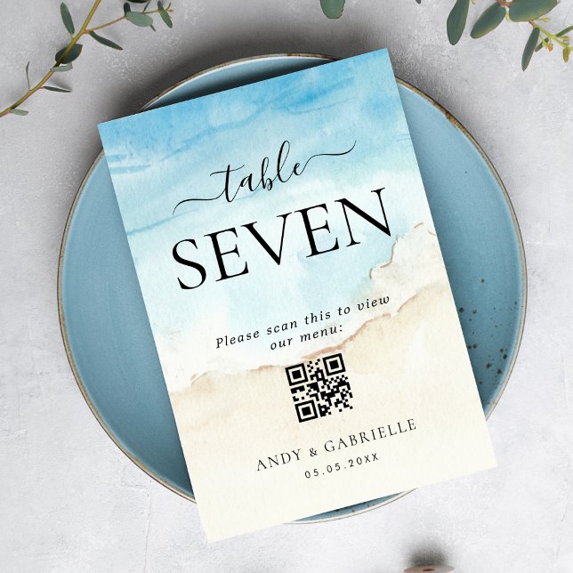 Tropical Beach QR Code Wedding Menu Tischnummer (Von Creator hochgeladen)