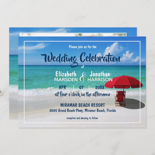 Tropical Beach Red Umbrella Modernes Foto Hochzeit Einladung (Vorne/Hinten)