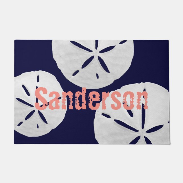 Tropical Beach Sand Dollars Navy Coral Familiennam Fußmatte (Vorderseite)