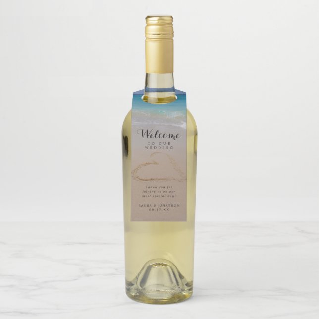 Tropical Beach Sand Heart Gastgeschenk Hochzeit Flaschenanhänger (Auf Flasche)