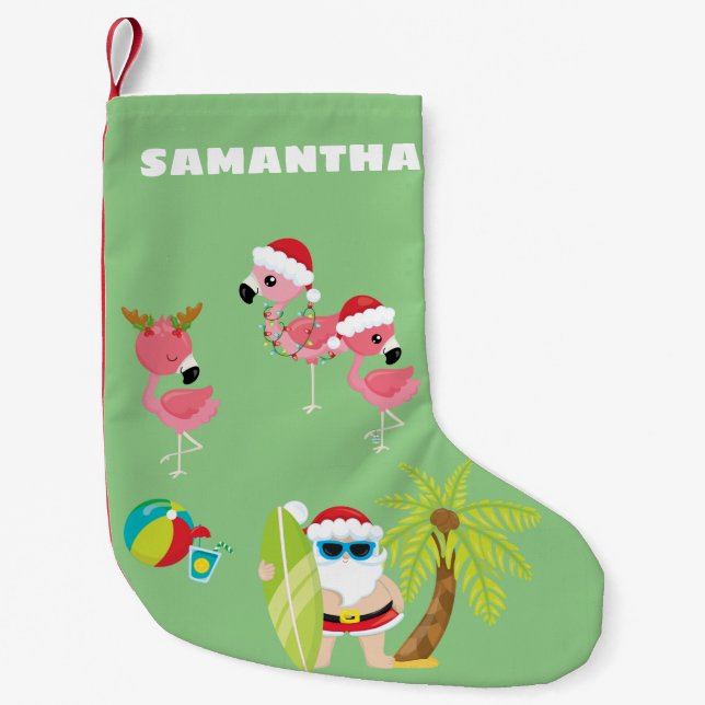 Tropical Beach Santa and Flamingos Kleiner Weihnachtsstrumpf (Vorderseite)
