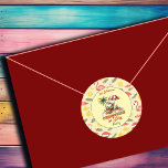 Tropical Beach & Santa Christmas im Juli Party Runder Aufkleber<br><div class="desc">Ein lustiges Weihnachten im Juli Design mit einem tropischen Strand und Santa! Sie können dies mit Ihrem Namen personalisieren.</div>