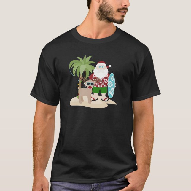 Tropical Beach Santa with Surfboard and Reindeer T-Shirt (Vorderseite)