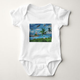 Tropical Beach Scene Art Print Baby Strampler