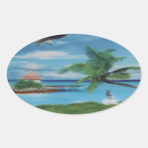 Tropical Beach Scene Art Print Ovaler Aufkleber