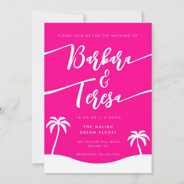 Tropical Beach Script Hot Pink Lesbian Hochzeit Einladung (Vorderseite)