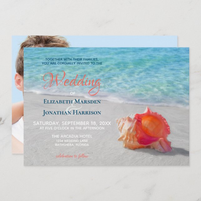Tropical Beach Seashell Modernes Foto Hochzeit Einladung (Vorne/Hinten)