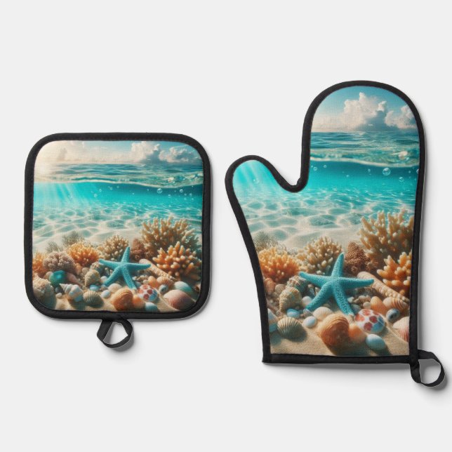 Tropical Beach Starfish Seashells Ozean Szene Ofenhandschuh & Topflappen-Set (Vorderseite)