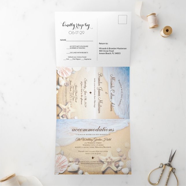 Tropical Beach Starfish Summer Wedding dreifach in Gefaltete Einladung (Innenseite)