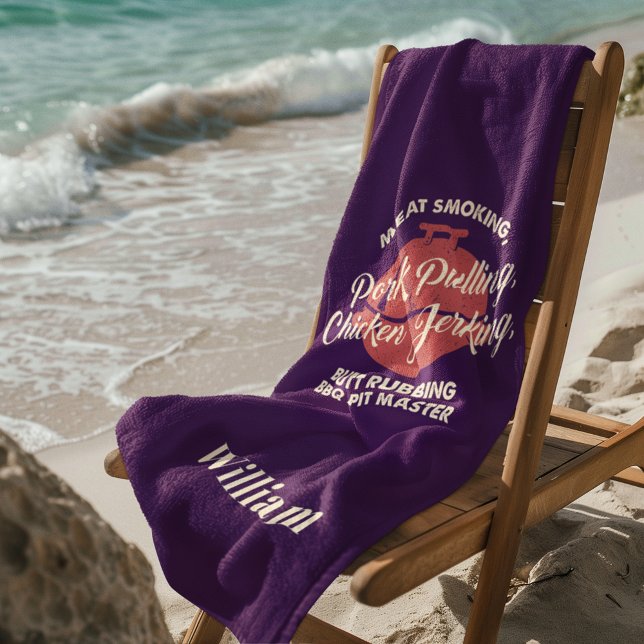 Tropical Beach Summer GRILLEN Pit Master Custom Strandtuch (Fun BBQ Purple Personalized Beach Towel)