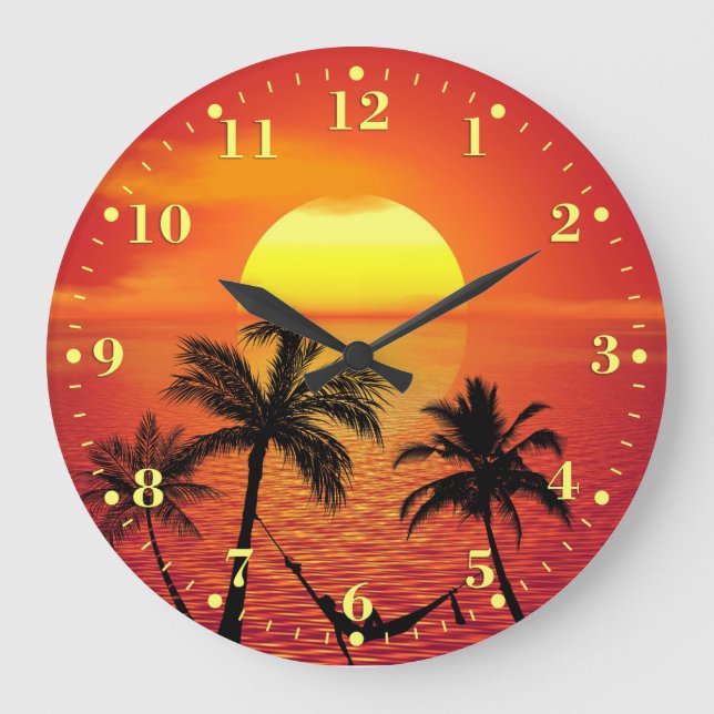 Tropical Beach Sunset Ocean Palm Trees | Große Wanduhr (Vorderseite)