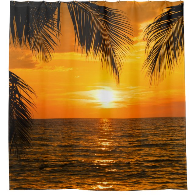 Tropical Beach Sunset Palm Illustration Duschvorhang (Vorderseite)