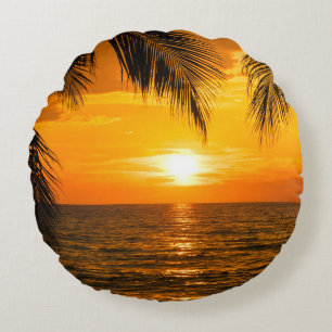 Tropical Beach Sunset Palm Illustration Rundes Kissen