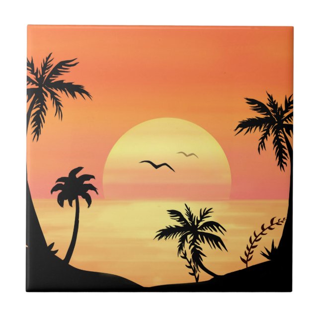 Tropical Beach Sunset Palm Tree Silhouette Art Fliese (Vorderseite)