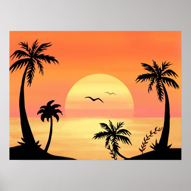 Tropical Beach Sunset Palm Tree Silhouette Art Poster (Vorne)