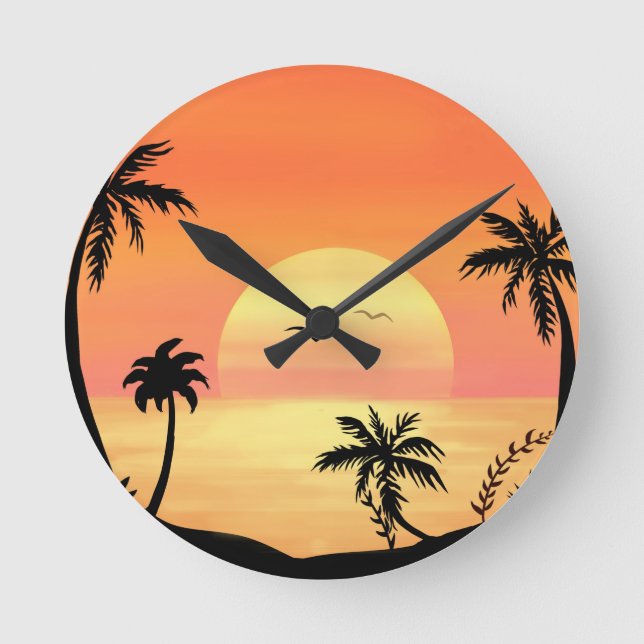 Tropical Beach Sunset Palm Tree Silhouette Art Runde Wanduhr (Vorderseite)