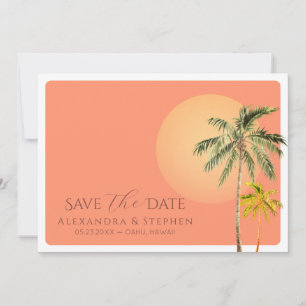 Tropical Beach Sunset & Palmen Minimale Hochzeit Save The Date