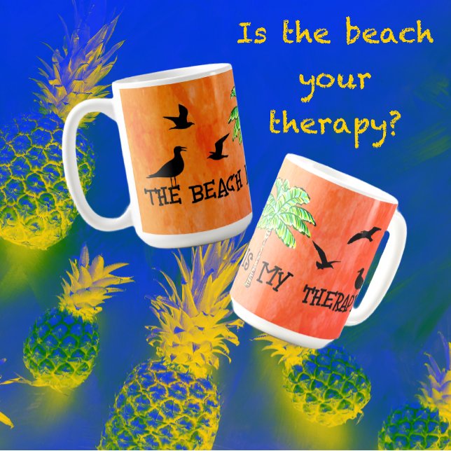 Tropical Beach Therapy Palm Tree Seagulls Kaffeetasse (Fun retro colorful design on this mug says "the beach is my therapy". )