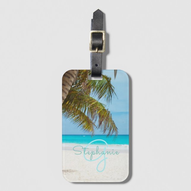 Tropical Beach Turquoise Monogram Palm Tree Gepäckanhänger (Vorderseite Vertikal)