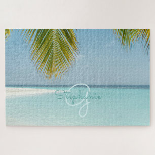 Tropical Beach Turquoise Monogram Palm Tree Puzzle