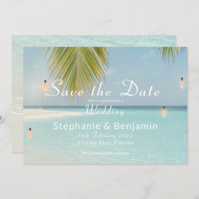 Tropical Beach Turquoise Palm Tree Wedding Save The Date (Vorne/Hinten)