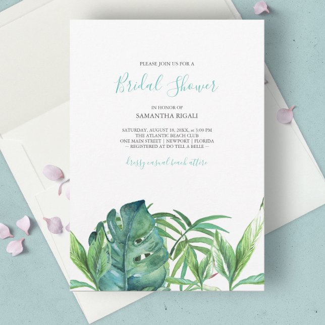 Tropical Beach Turquoise Palms Watercolor Bridal (Tropical bridal shower invitations feature watercolor palm leaf art. )