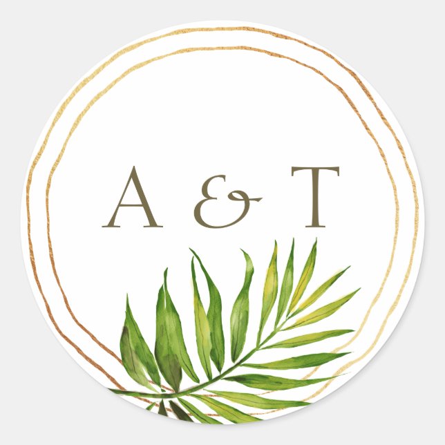 Tropical Beach Twilight | Palm Leaf Gold Rings Runder Aufkleber (Vorderseite)