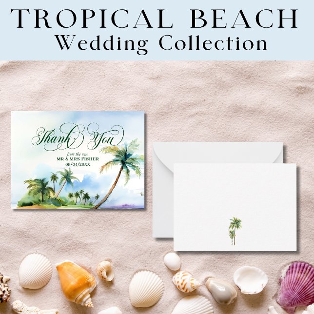 Tropical Beach Typografy Danke, Card Wedding Mitteilungskarte (Von Creator hochgeladen)