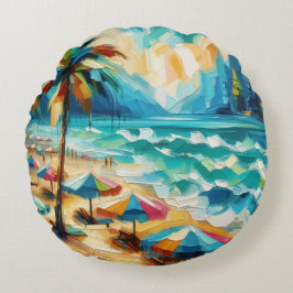 Tropical Beach Umbrellas Malerei Rundes Kissen