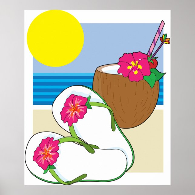 Tropical Beach Vacation Coconut Flowers Flip Flops Poster (Vorne)