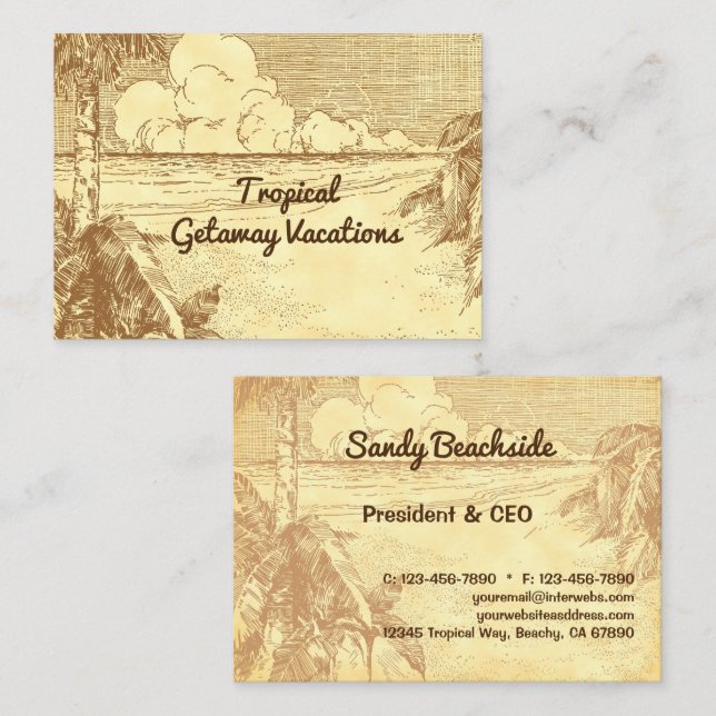 Tropical Beach Vintag Art Custom Business Card Telefonnummerkarte (Vorne/Hinten)