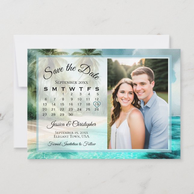 Tropical Beach Watercolor Calendar & Photo Wedding Save The Date (Vorderseite)